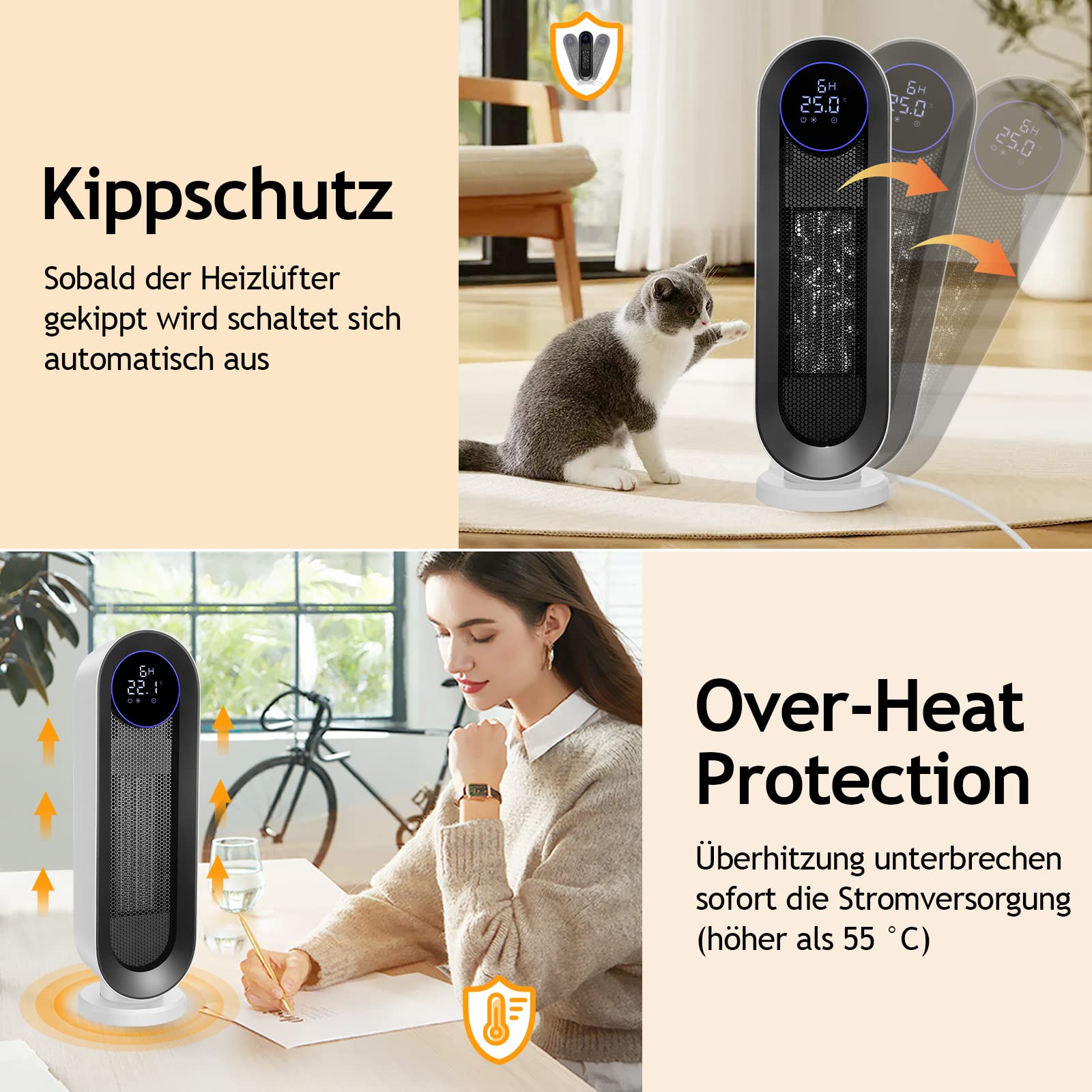 Calentador de ventilador de cerámica, 2000 W, 3 modos, termostato, temporizador de 12 horas, protección contra inclinaciones, 100° oscilante para hogar y oficina, pantalla grande blanca