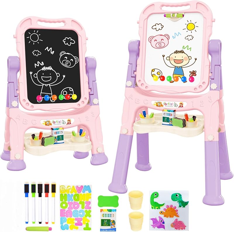 Amagoing Easel for Kids, Adjustable Standing Art Easel for Toddler, Double Magnetic Drawing Board with Painting Accessories, Birthday Christmas Gift for Little Boys Girls, Middle Size (Purple Pink)