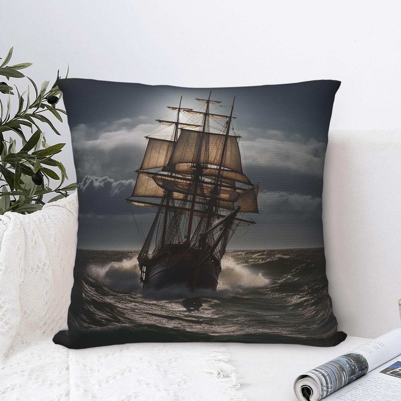 FodPand Luxury Velvet Throw Pillow Covers 20"x20" Super Soft Decorative Pillow Cases - Sailing Ship in Storm Pillowcases Modern Lumbar Cushion Cases for Couch Sofa Bed Pillow Shams