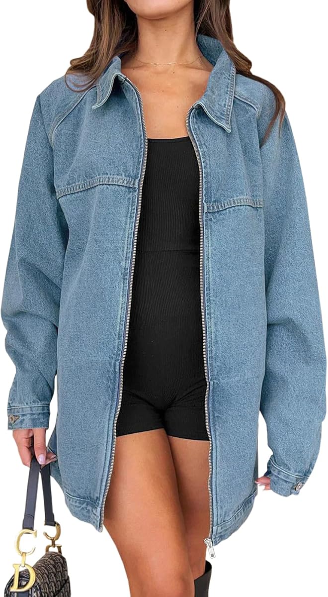 Womens Oversized Denim Jacket Fall Long Sleeve Zip up Jean Jackets | Side Pockets,,Spring Outfits,Long Jacket,Casual,Classic,Loose Fit Boyfriend Style Coat