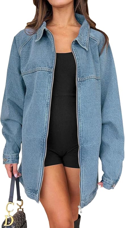 Womens Oversized Denim Jacket Fall Long Sleeve Zip up Jean Jackets | Side Pockets,,Spring Outfits,Long Jacket,Casual,Classic,Loose Fit Boyfriend Style Coat