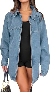 Womens Oversized Denim Jacket Fall Long Sleeve Zip up Jean Jackets | Side Pockets,,Spring Outfits,Long Jacket,Casual,Classic,Loose Fit Boyfriend Style Coat
