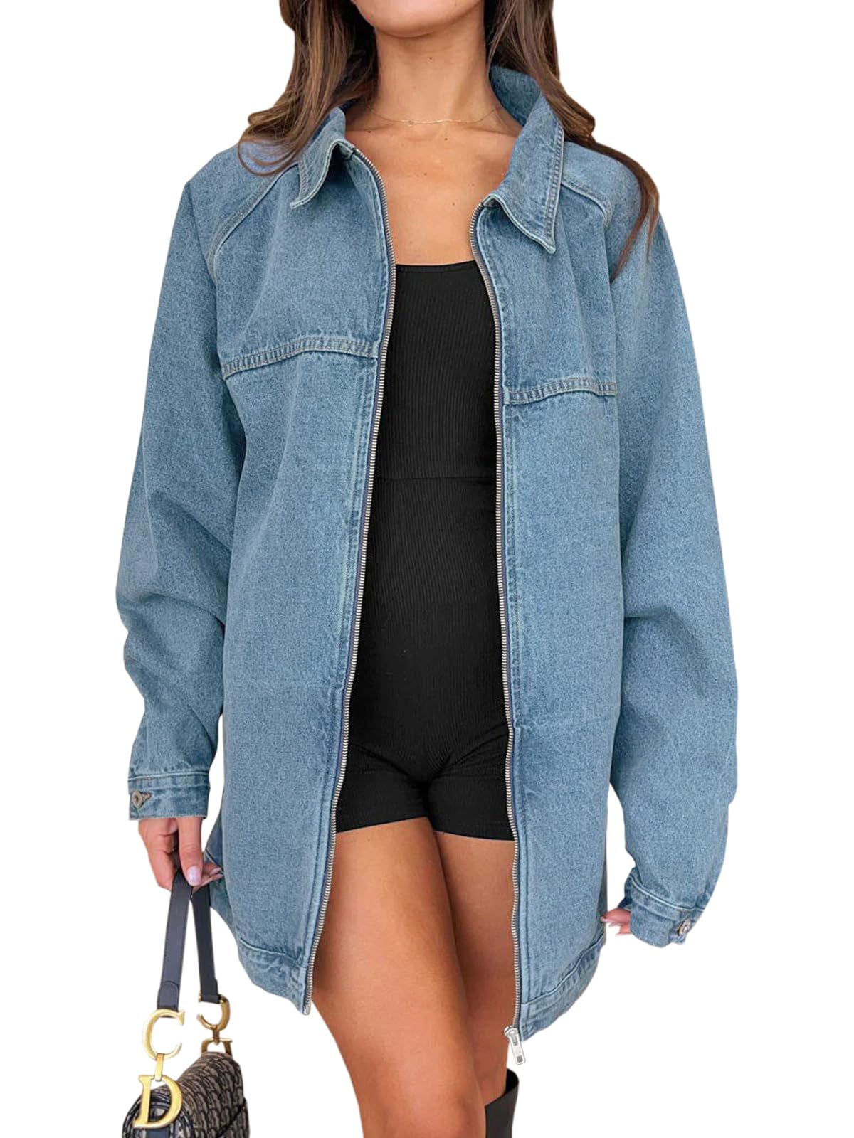 Tankaneo Womens Oversized Denim Jacket Fall Long Sleeve Zip up Jean Jackets