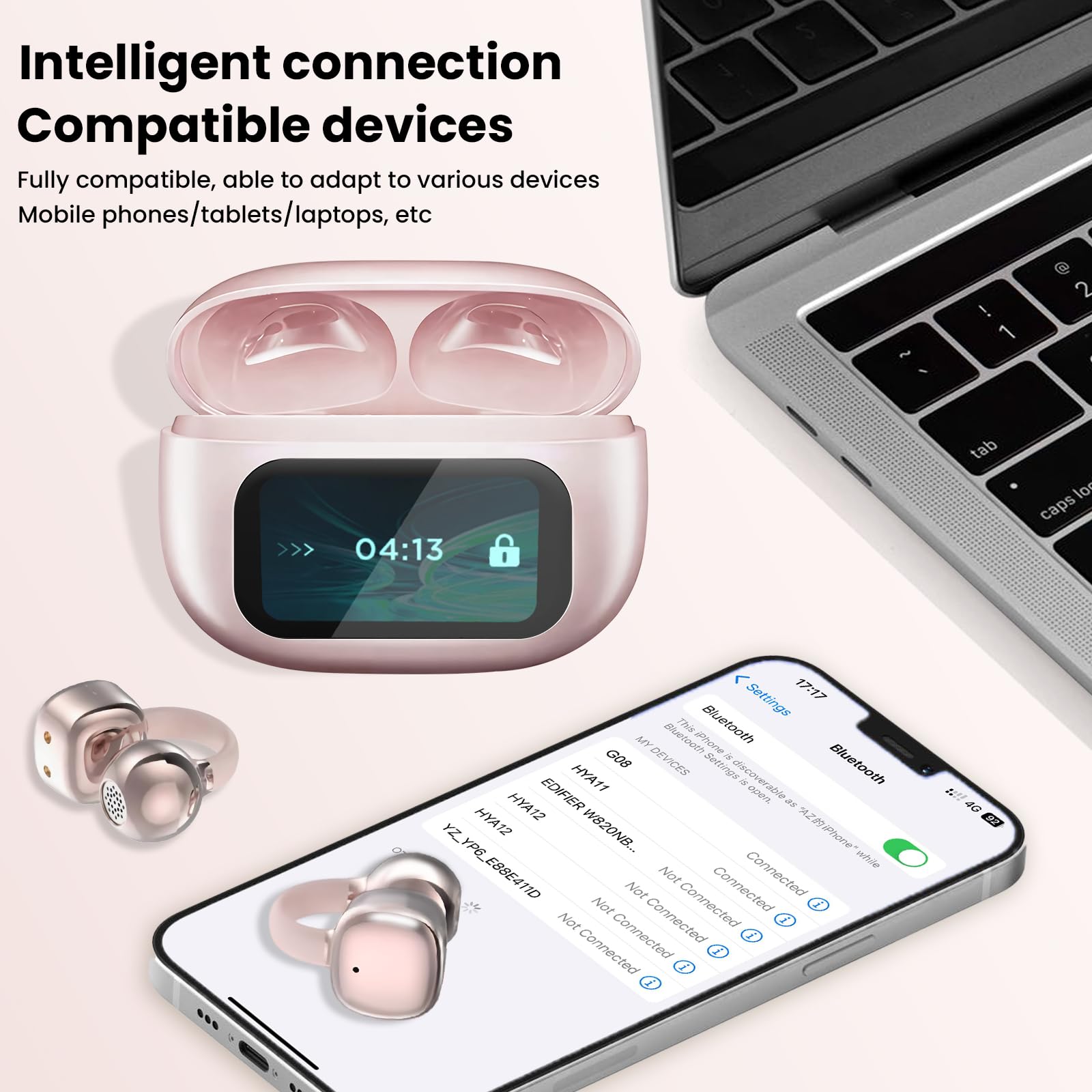 Alutoria Cuffie Auricolari Aperte, Touchscreen Intelligente Auricolare Con Clip, Cuffia Traduzione, 3.7g Ultraleggero Comfort, 65 ore di Riproduzione, Auricolari Open Ear Bluetooth 5.4 (ROSA)