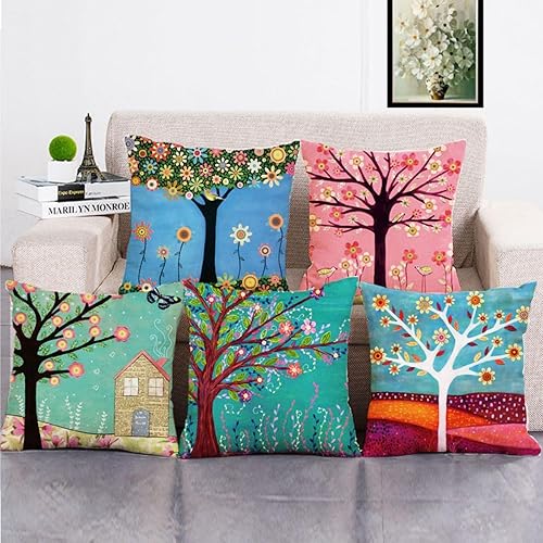 Juego de 5 fundas de almohada con pintura al óleo de árbol floral estilo natural, cuadradas de 18 x 18 pulgadas, fundas de almohada para primavera,