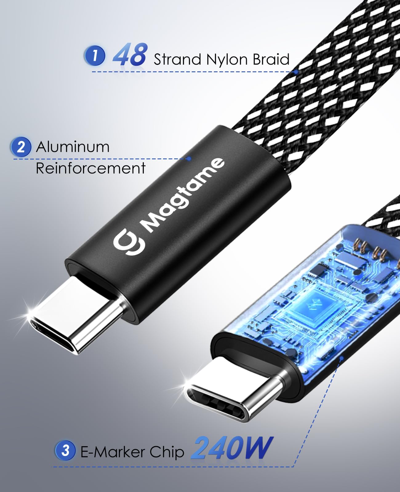 Magtame Cavo USB C, 240 W, magnetico da USB C a USB C, 1.5 m, in nylon intrecciato, tipo C per dispositivo Samsung S22 USB C