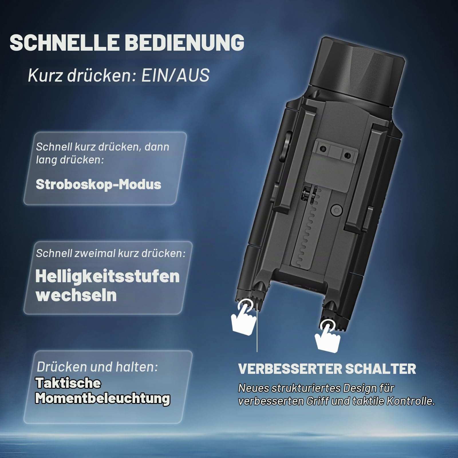 AIMWIN WL20 LED-Lampe, 2000 Lumen, wiederaufladbar, USB-C, lange Reichweite, 412 m, mit Stroboskop-Modus, kompatibel mit GL/Picatinny Schiene