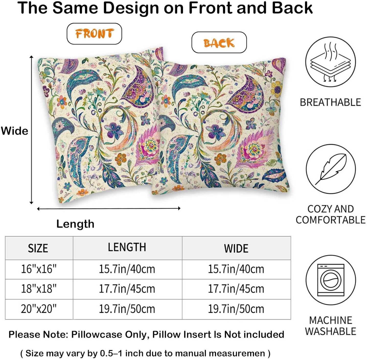 Boho Paisley Floral Throw Pillow Covers 18x18 Set of 2 | Vintage Decorative Cushion Covers for Farmhouse Bedroom Couch Sofa | Soft Pillowcases with Hidden Zipper - Image 6