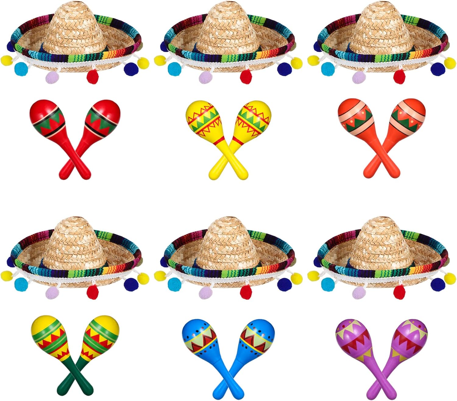 Honoson 12 Pcs Wooden Fiesta Maracas 6 Cinco De Mayo Mini Sombrero Top Hat for Sombrero Mexican Party Decor(18 Pcs,Fresh Style)