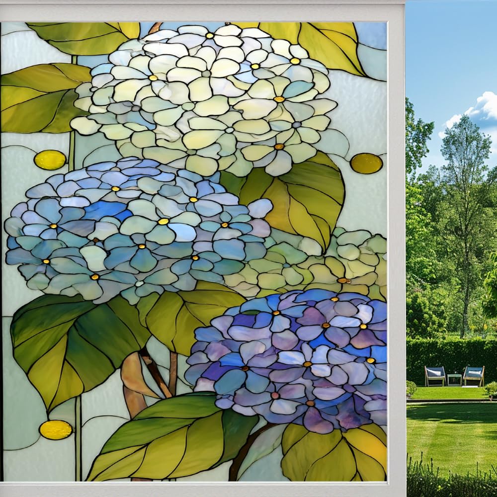 Colorful Flowers Stained Glass Window Film, Retro Hydrangea Plants Peel and Stick Privacy Film, Frosted Adhesive Vinyl Decorative for Bathroom Windows Glass Doors, （55x80cm）