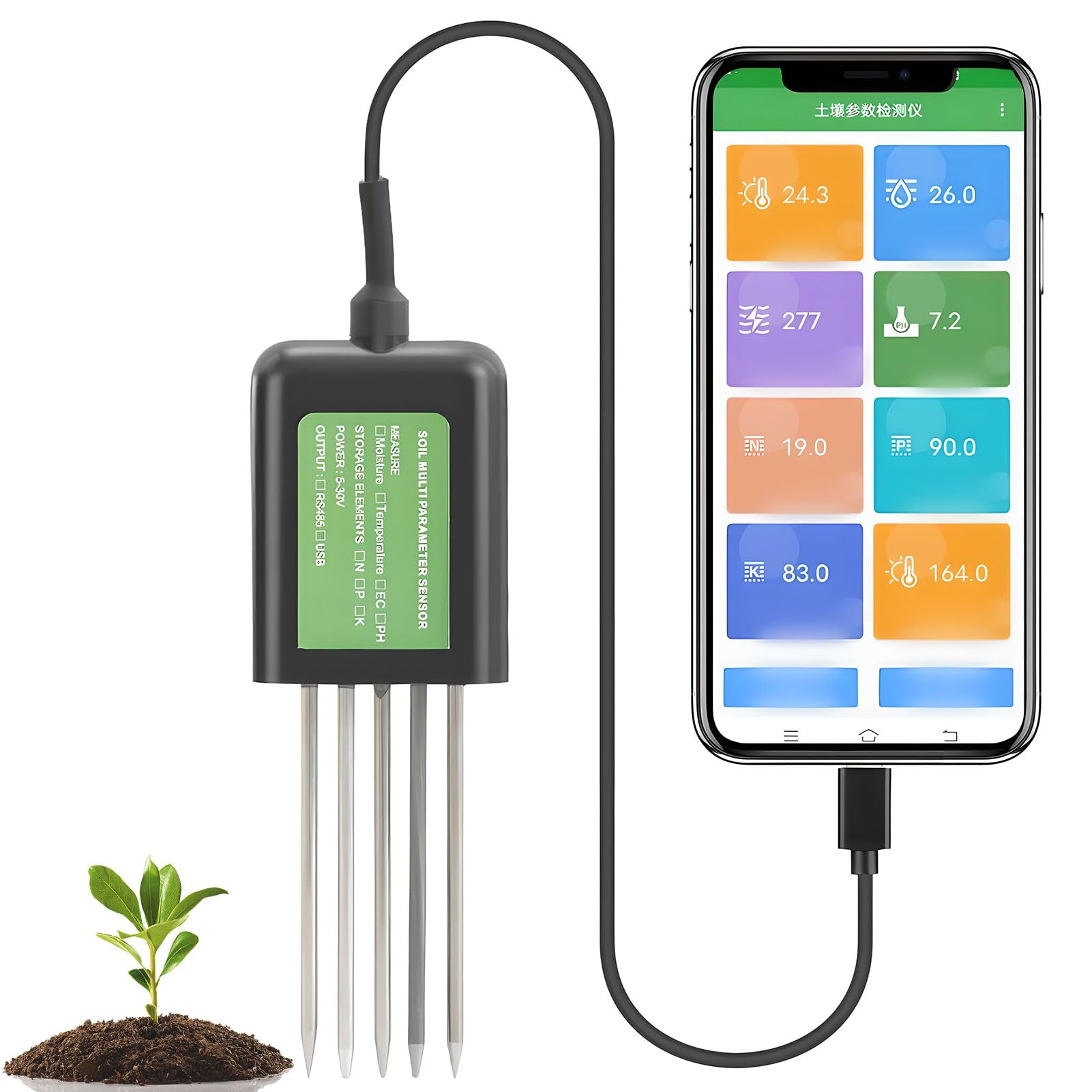 Tester gleby 7 w 1, czujnik gleby USB z pH, wilgotność, pomiar temperatury, wodoodporność IP68, kompatybilny z urządzeniami z systemem Android do ogrodnictwa i rolnictwa