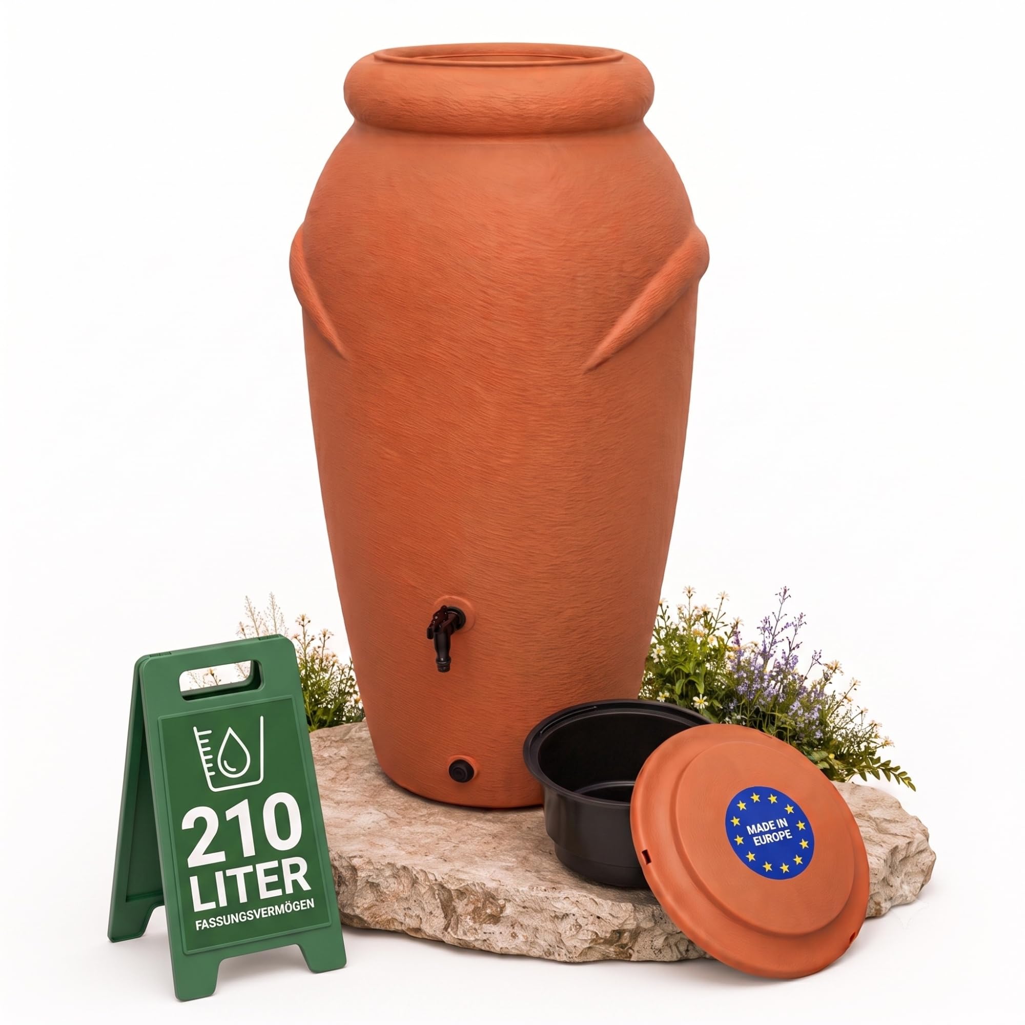 YourCasa Regentonne 210 Liter [Amphore Design] Regenfass Frostsicher aus Kunststoff - Regenwassertonne mit Wasserhahn - Regenwassertank Garten Regenwassersammler Wasserfass Wassertonne (Terracotta)