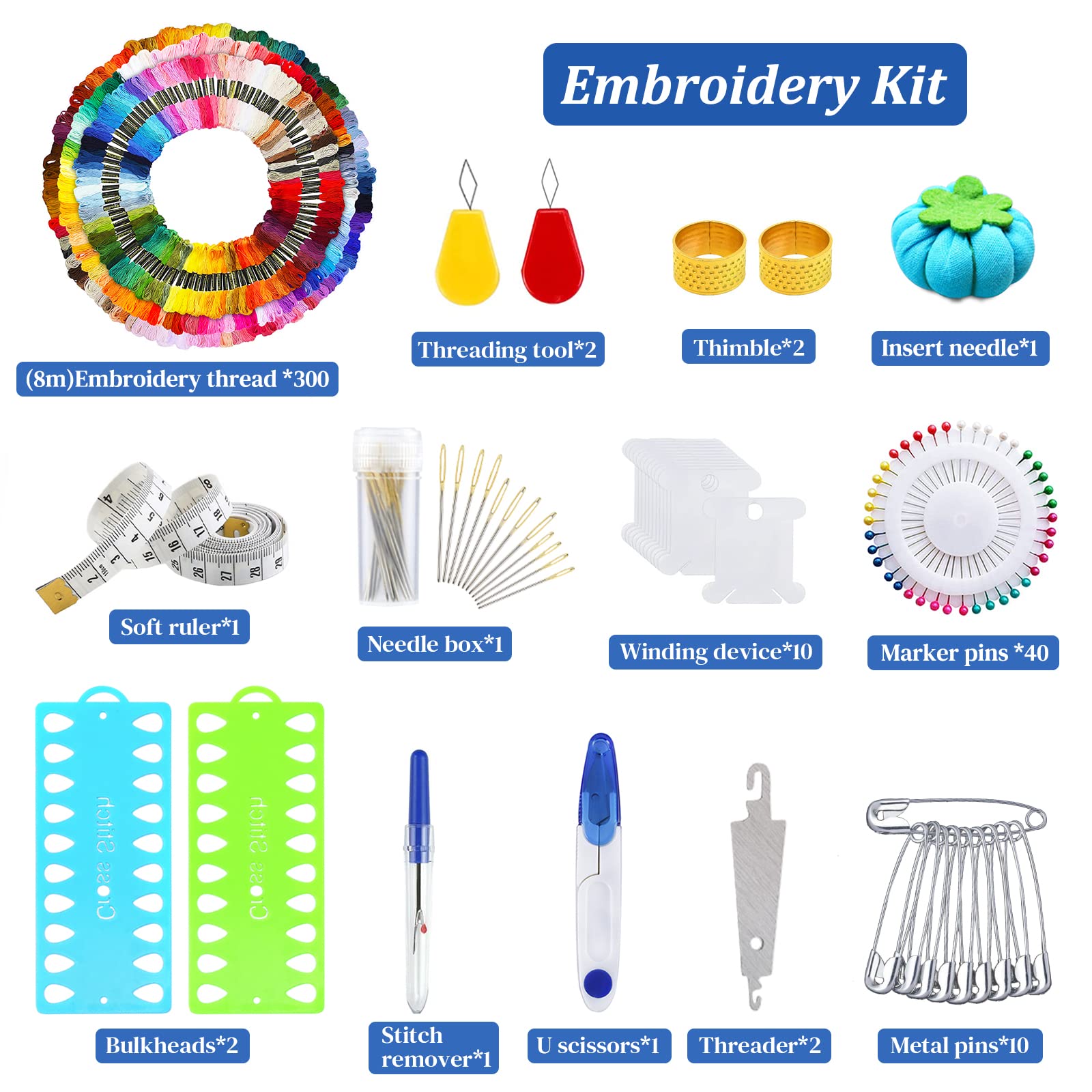 Kit di Attrezzi per Ricamo Morbidi, 300 Colori + Strumenti, 384 Pezzi, Adatto per Adulti, Bambini e Principianti