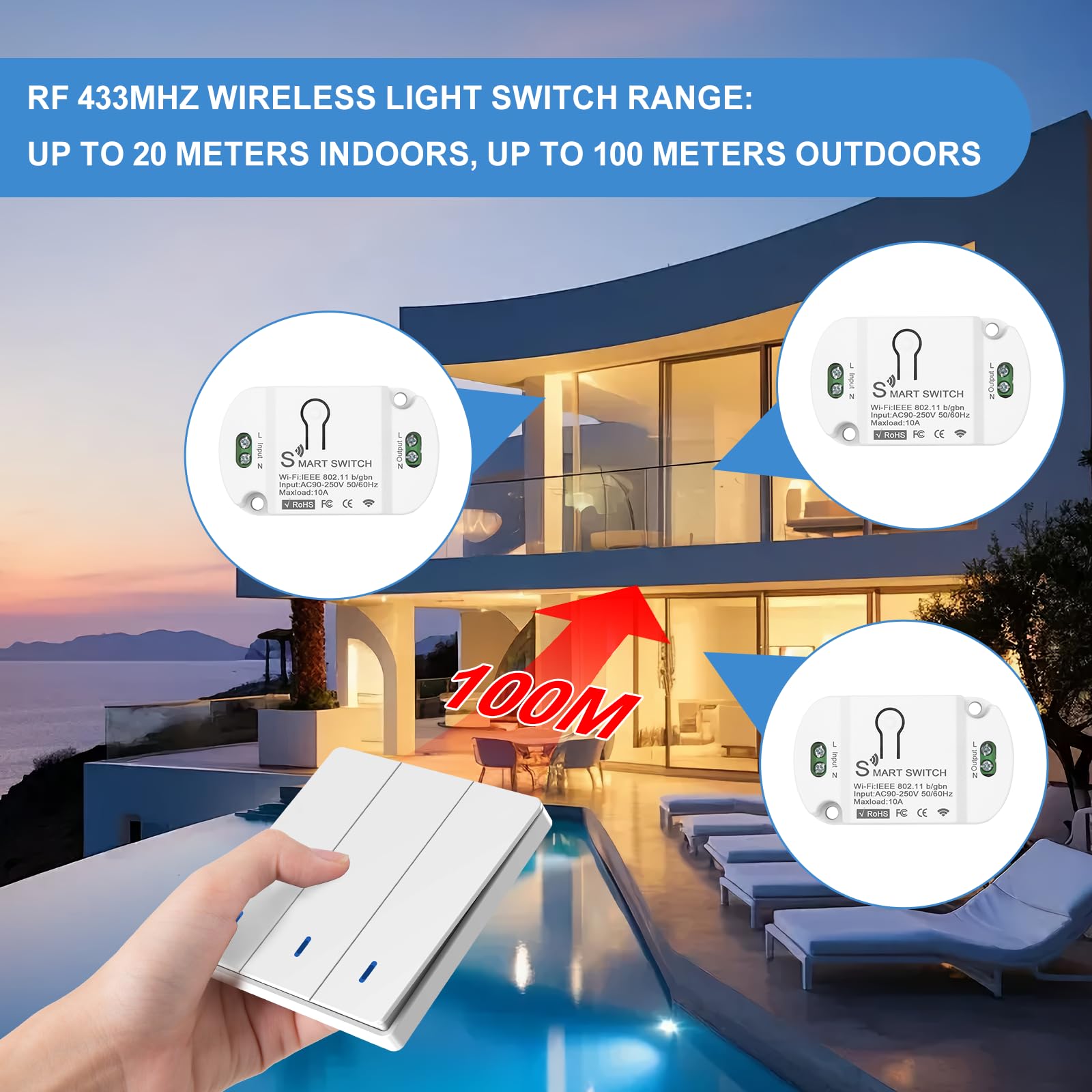 Interruttore Senza Fili, Interruttore luce Senza Fili, Interruttore Wireless, Interruttore wifi Smart Life, Interruttore Sicurezza Trasmettitore RF 433Mhz e 3 Controller Ricevitore 10A, Portata 100 m