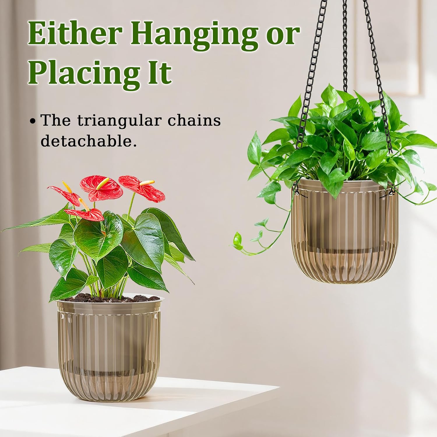 Halatool 2 Pack Self Watering Hanging Planters for Indoor Plants- 6.5 Inch Outdoor Hanging Flower Pots with 2 Metal Chains for Garden Home Wall Decor (Starry Gray)