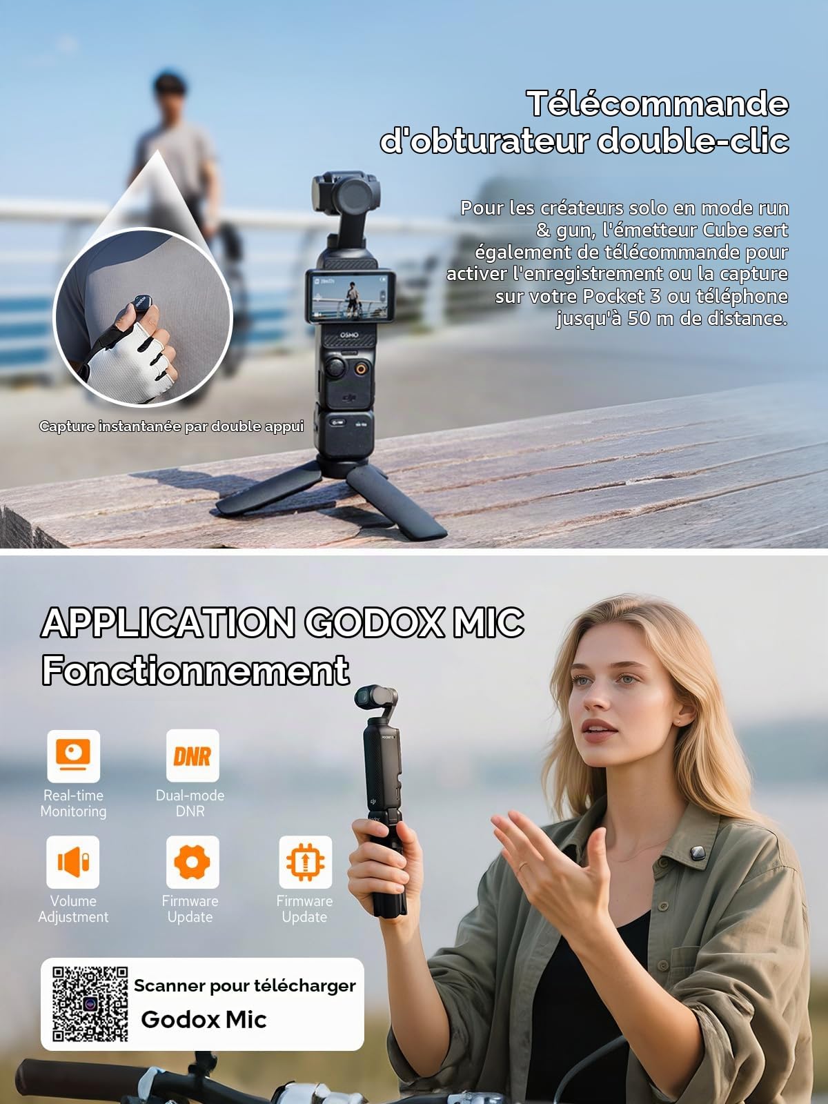 GODOX Cube-OP3 Microphone sans Fil pour DJI Pocket 3, Portée de Transmission de 200m, 48KHz 24Bit, Suppre du Bruit, Autonomie de 10H pour Le Vlogging et la création de Contenu