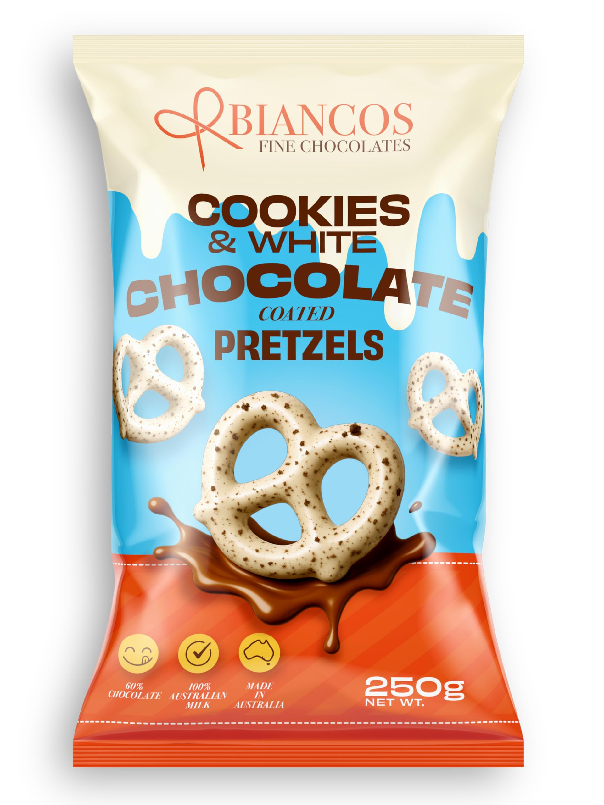 Biancos Cookies & Cream White Chocolate Pretzels 250g | Crunchy Pretzel Snacks | Sweet Salty Treat Snack Pack for Sharing Gifting Dessert