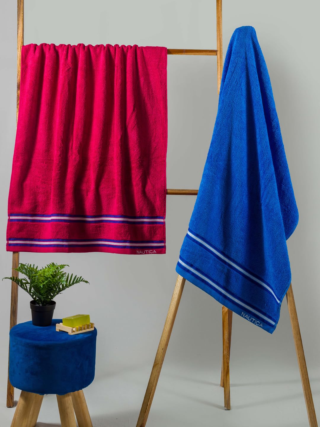 NAUTICA Super Soft Zero Twist 100% Cotton Towel -2pc Bath Towel (Vintage Crew Stripe) | 500 GSM | Super Soft Touch Lines-Burgundy/Royal Blue-image-6