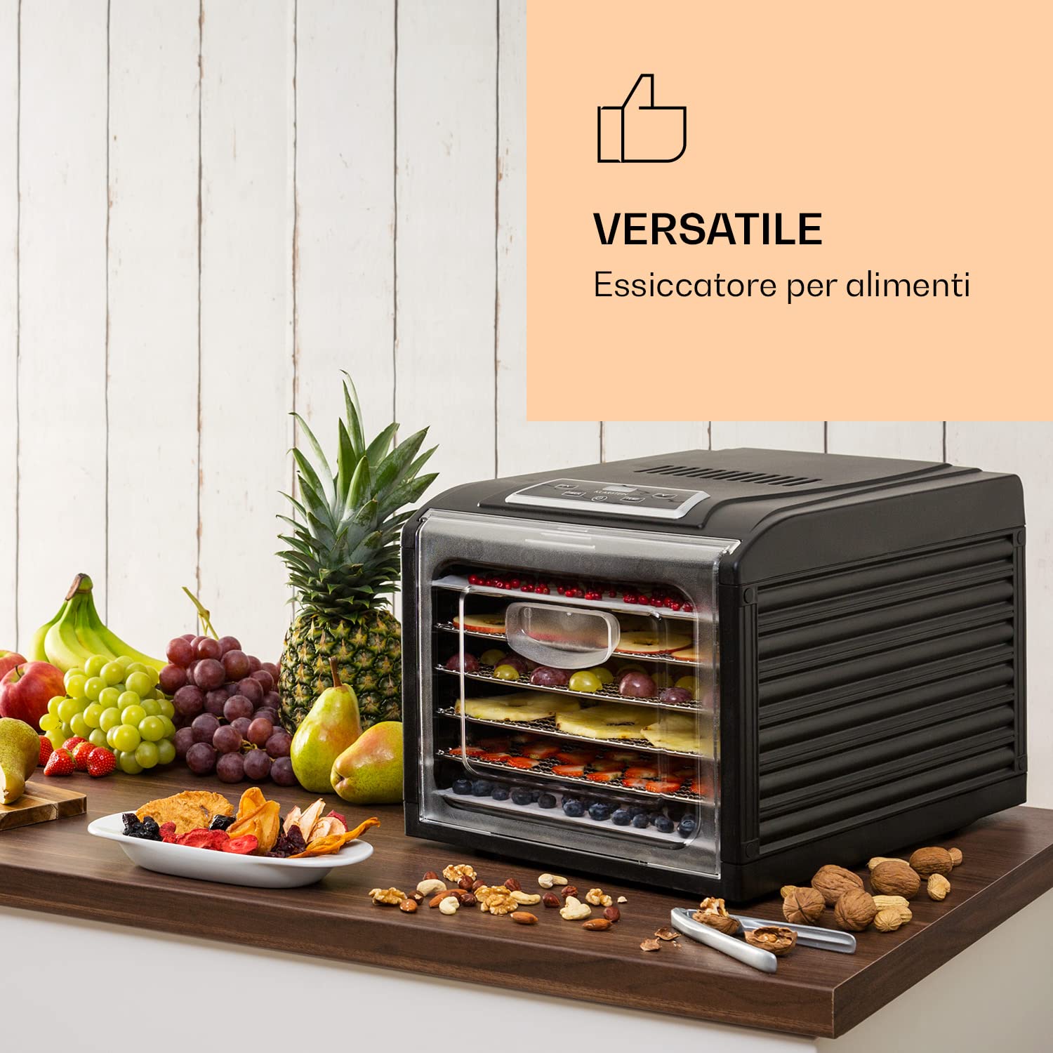 Klarstein Fruit Jerky Plus - Essiccatore Alimentare, Essicatore Alimenti, Frutta, Carne, Verdura, Temperatura Regolabile 35-70 °C, Rivestimento Antiaderente, 420-500 Watt, 6 Ripiani, Nero
