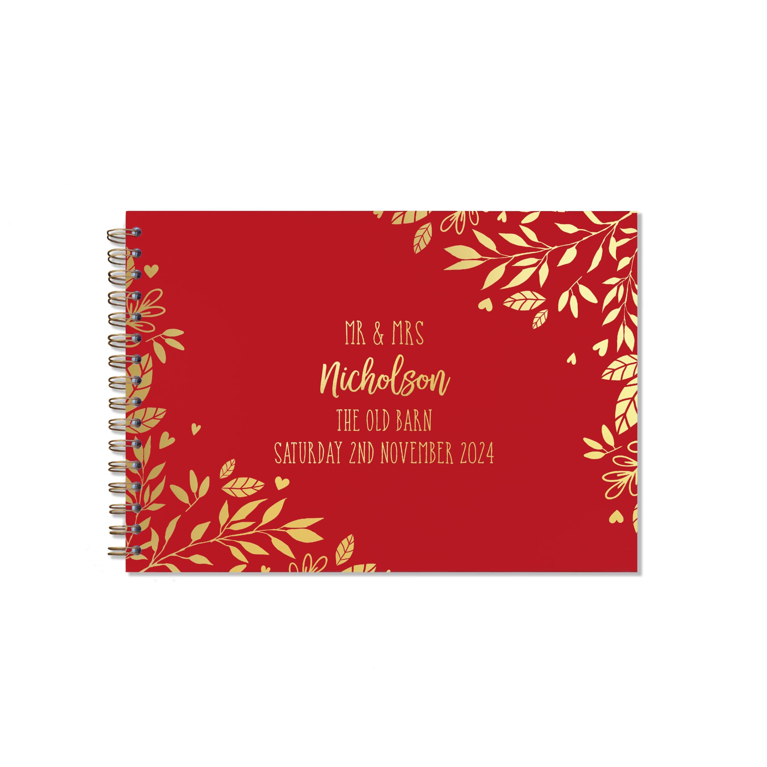 "Manta Makes Wedding Guest book personalised gold foil 26 colour choices A5 or A4, signing book wedding decorations for wedding reception, wedding books for guests to sign (A4, Red)"