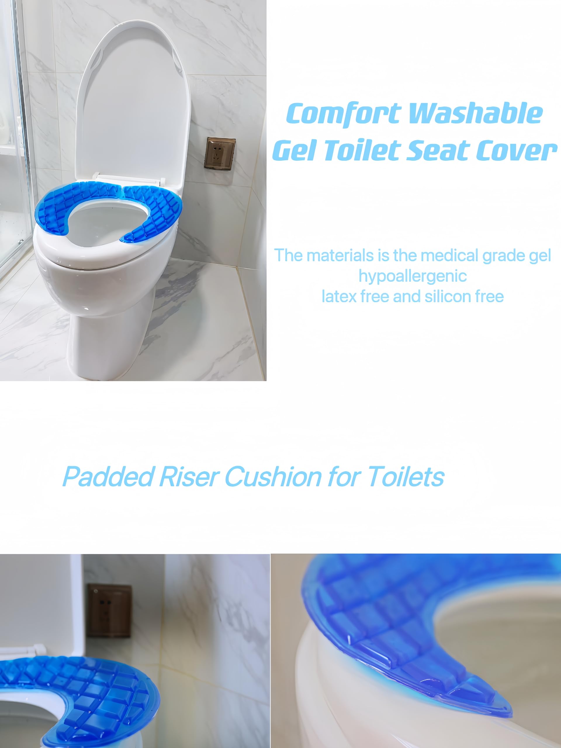 Gel-WC-Sitzkissen, waschbarer WC-Sitzbezug, gepolstertes Kissen für Toiletten und Toilettenstuhl, wiederverwendbar, selbstklebendes Donut-Pad für ältere Menschen, Senioren (blau)