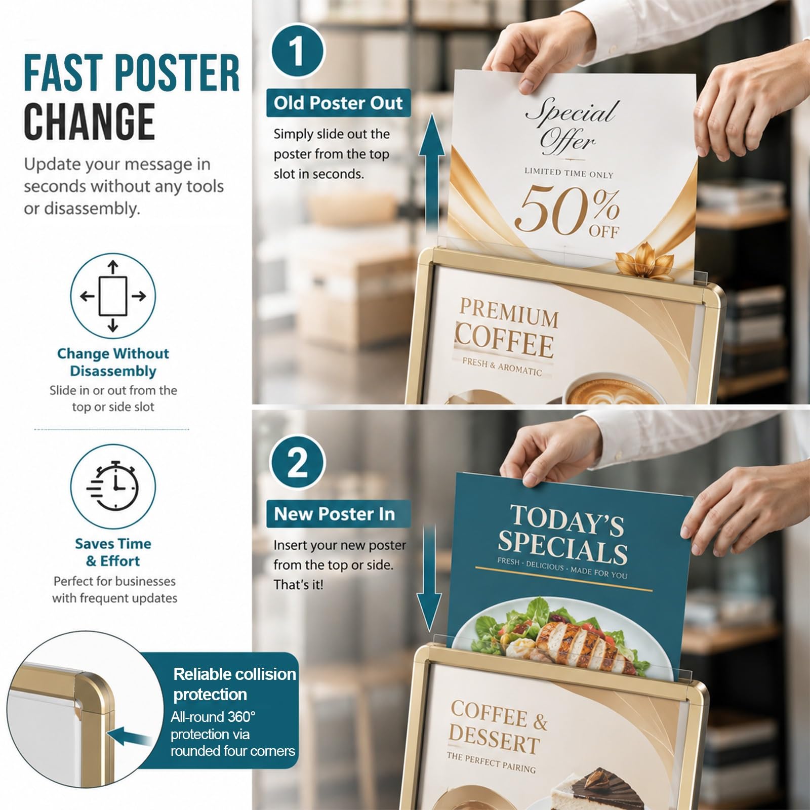 Espositor Comercial Moderno, Porta Cartel de Pie con Pelicula Protectora Transparente, Marco Menu Reversible para Publicidad e Indicador Direccion(Black,50x70)