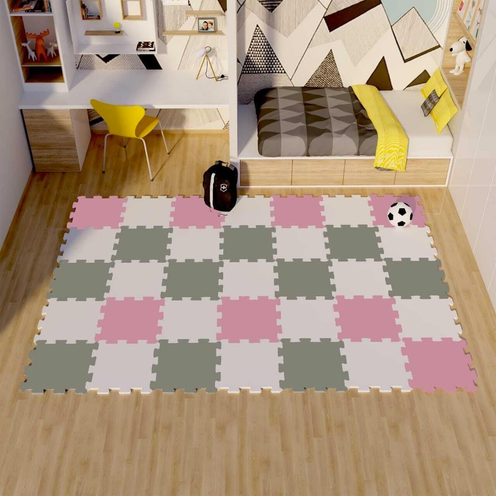 SAFRI Kids Play Room Mat Newborn Crash Floor Matting Interlocking Soft Foam Puzzle Girl Birthday Xmas Gift (16pc (4 Pink+4 Grey+8 White), Pink)