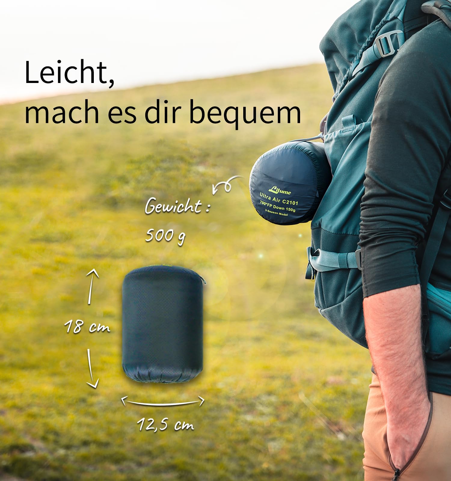 Litume Ultra Kompakt Daunen Schlafsack Für Sommer und 3 Jahreszeiten, 700+ Fill Power Daunen, Ultra Leicht Mumien, Tragbar, Wandern, Reisen, Camping, Rucksackreisen, Erwachsene, Outdoor