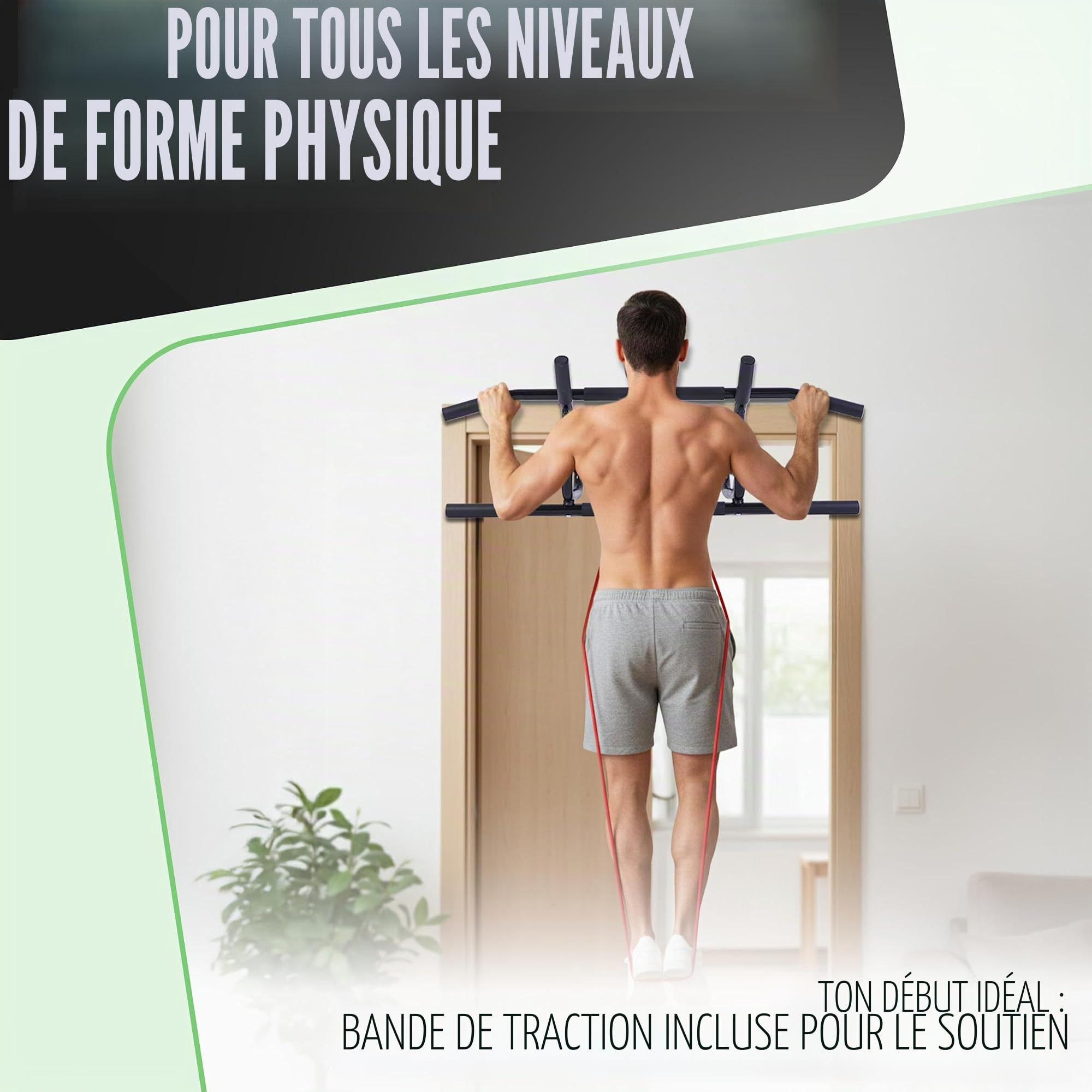 AthleticPro Barre de Traction pour Cadre de Porte sans Perçage – Barre de Tractions Robuste à Suspendre [portes jusqu'à 90cm] – Pour Tractions, Dips & Pompes avec Bande de Résistance