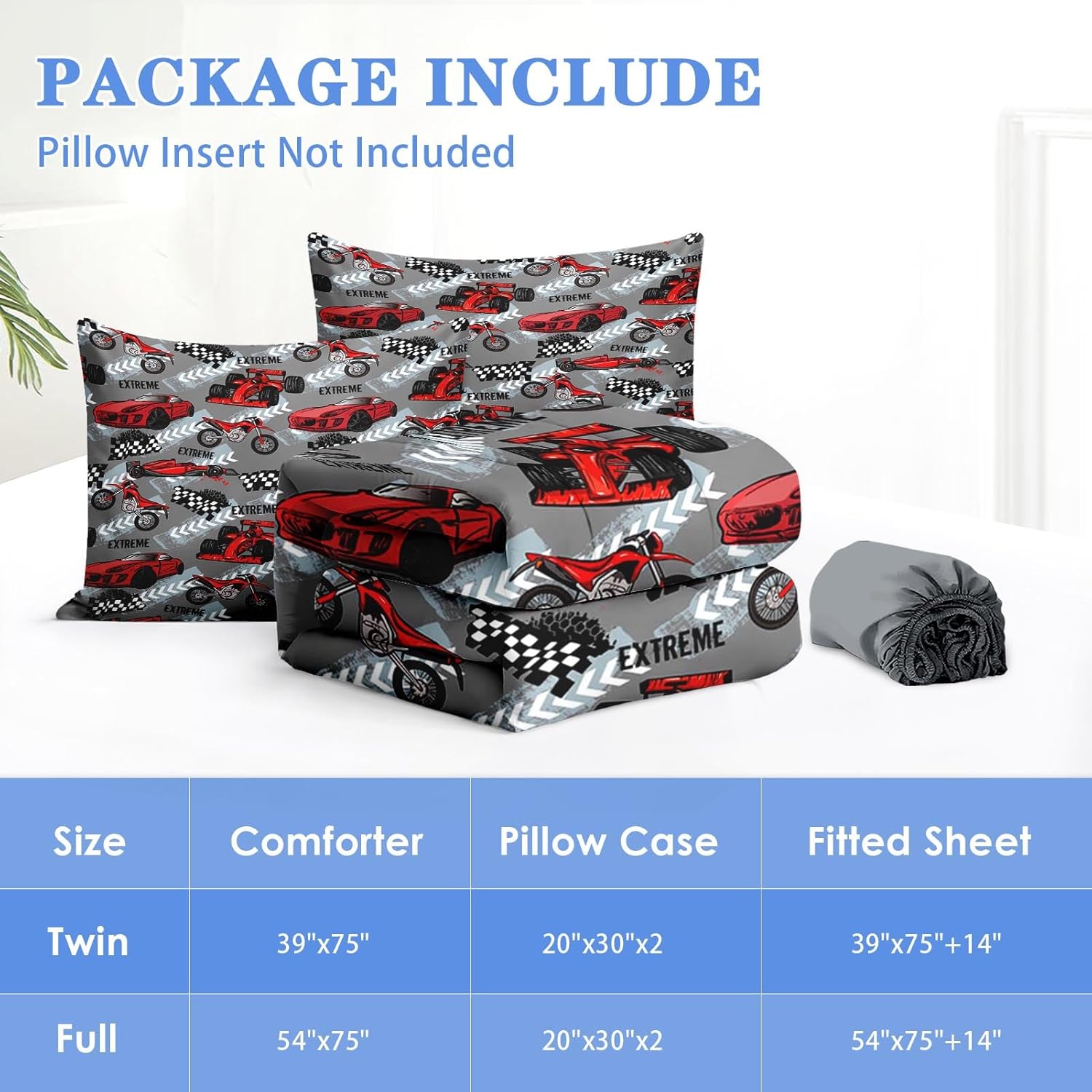 Nesker Twin Zipper Bedding, Extreme Sports Car Zipper Bedding Sets for Boys, 3pcs All in on one, Racecar Bike Motocross Kids Comforter Set with Fitted Sheet and 1 Pillowcase