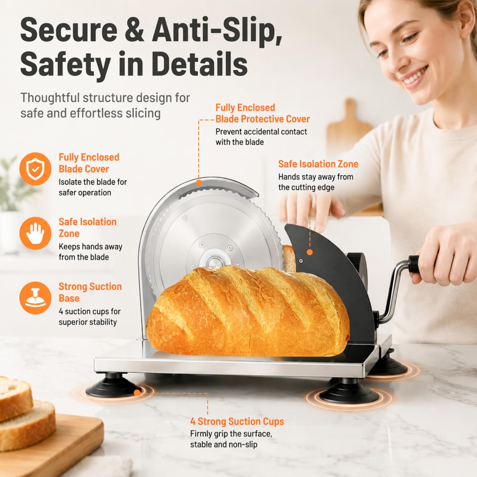 Manuelle Brotschneidemaschine mit Edelstahlfuß, Brotschneider mit Handkurbel & Saugnäpfen, Allesschneider für Brot, Schnittstärke 1–20 mm Einstellbar, Edelstahlklinge für Brot, Baguette & Käse