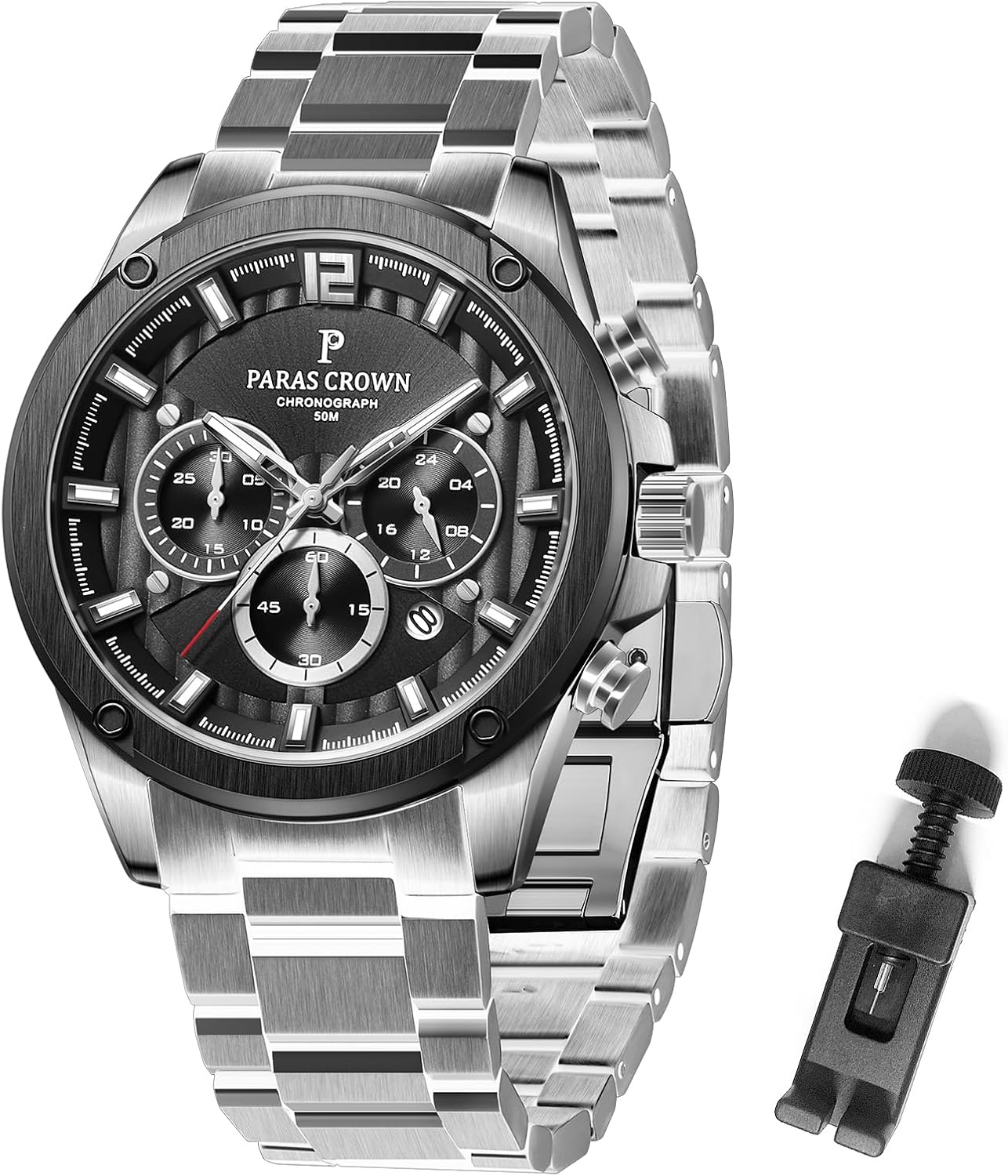 PC PARAS CROWN Mens Watches Luxury Japanese Quartz Movement 5ATM Waterproof Chronograph Wrist Watches for Men Stainless Steel Case