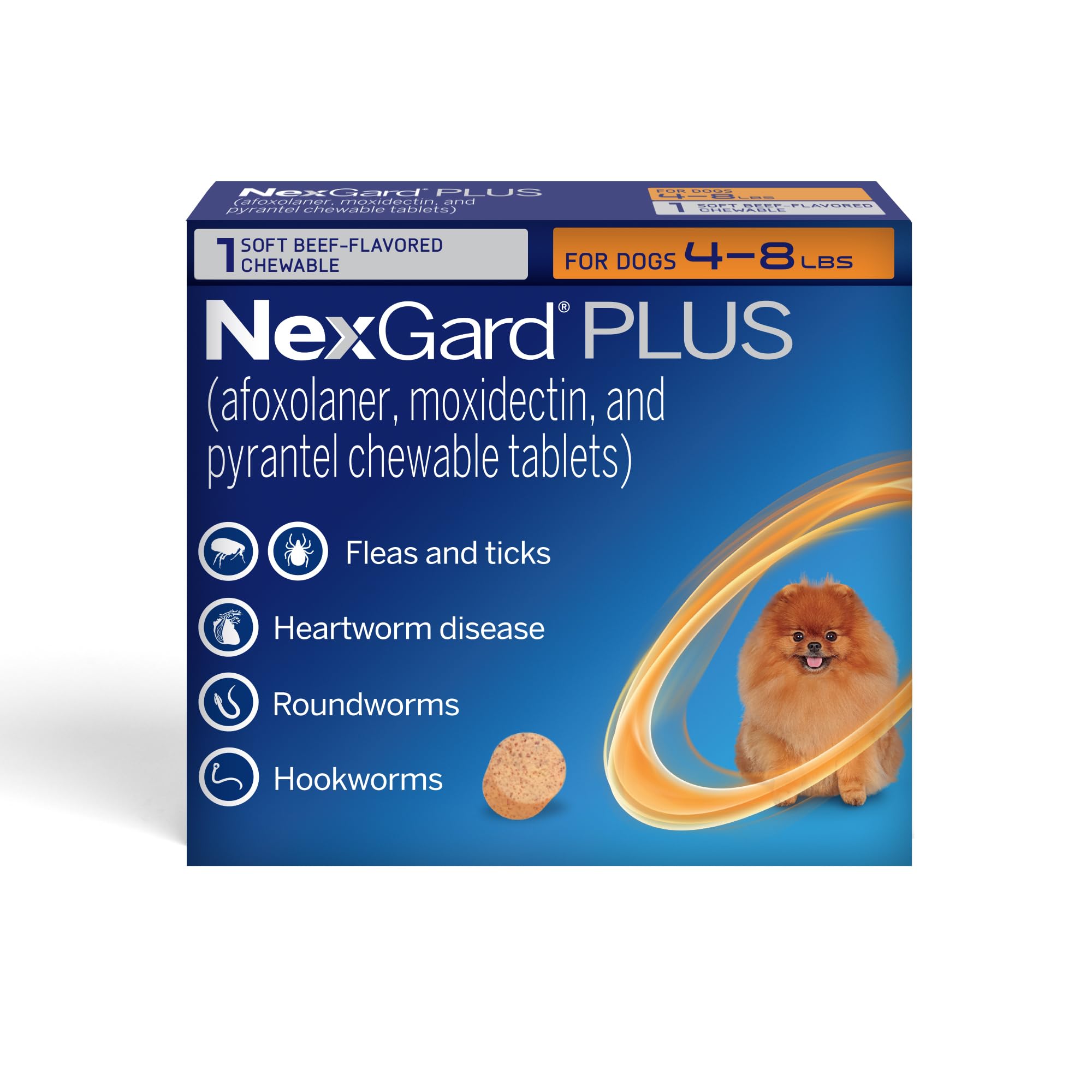 NexGard Plus (afoxolaner, moxidectin, and pyrantel) Flea and Tick Protection & Heartworm Preventive for Dogs Soft Beef Flavored Chewables, 4-8 lbs. (Orange) 1 Chew (1 Month Supply)