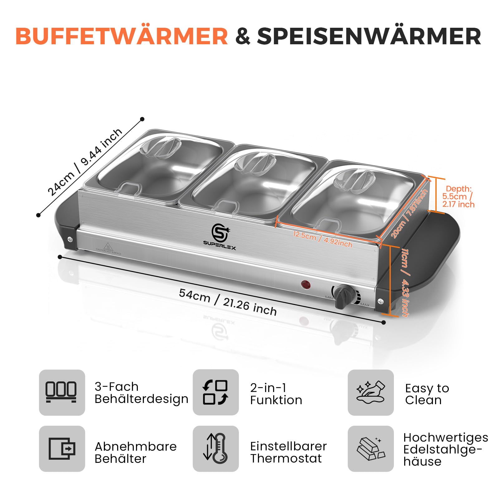 2in1 Warmhalteplatte und Buffetwärmer aus Edelstahl 200W mit 3x1,2L Speisebehältern Gleichmäßige Wärme Speisewärmer für Buffets Partys Familienessen Catering Events Kompakt Leicht Reinigung