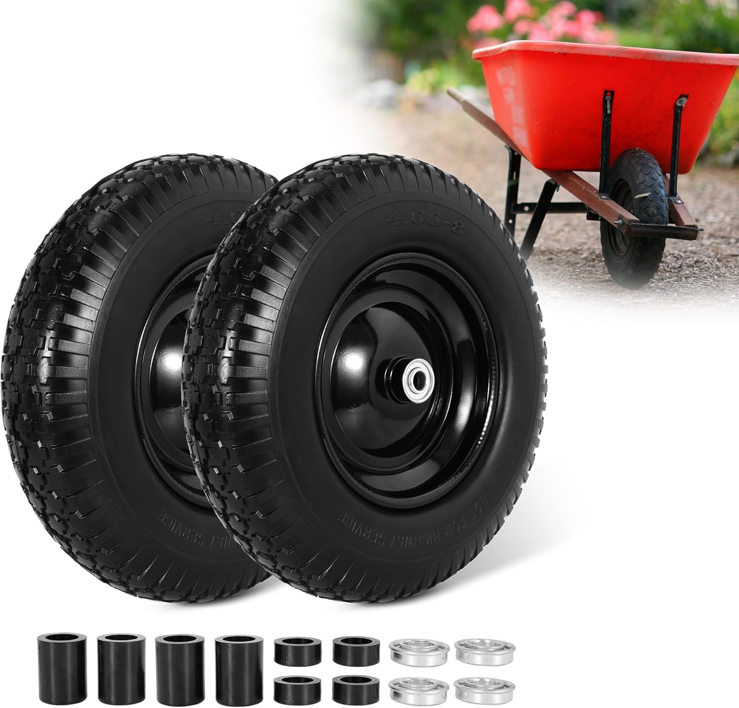 16" Flat Free Wheelbarrow Tires, 4.80/4.00-8"" Flat-Free Solid Tire with 5/8" Axle Bore Hole for Wheelbarrow Lawn Mover Trolley Dolly Go Kart Replacement (2 Pack)