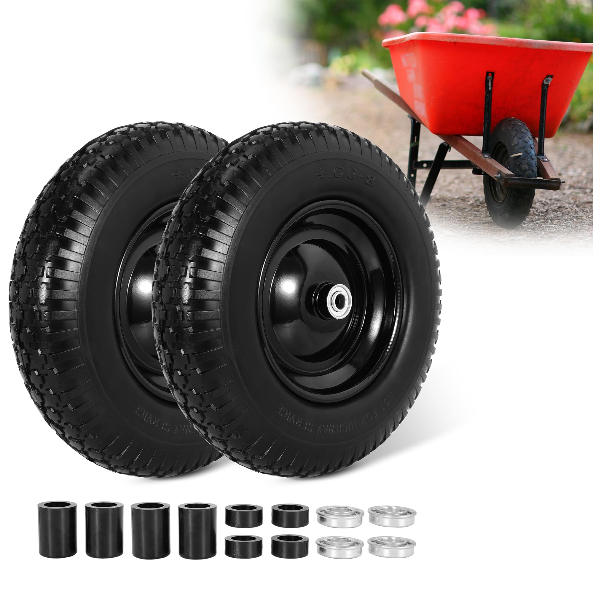 16" Flat Free Wheelbarrow Tires, 4.80/4.00-8" Flat-Free Solid Tire with 5/8" Axle Bore Hole for Wheelbarrow Lawn Mover Trolley Dolly Go Kart
