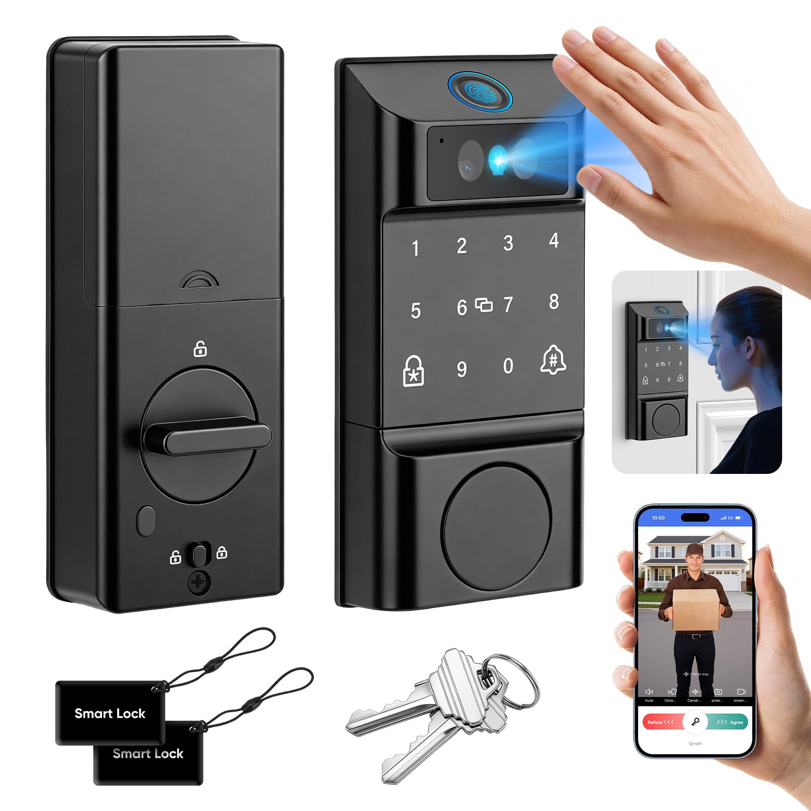 MYPIN Smart Door Lock with Palm Print & Facial Recognition & App Control, Auto-Lock, Doorbell Chime, Touch Keypad, Interior Deadbolt – Keyless Entry Electronic Lock for Home Security