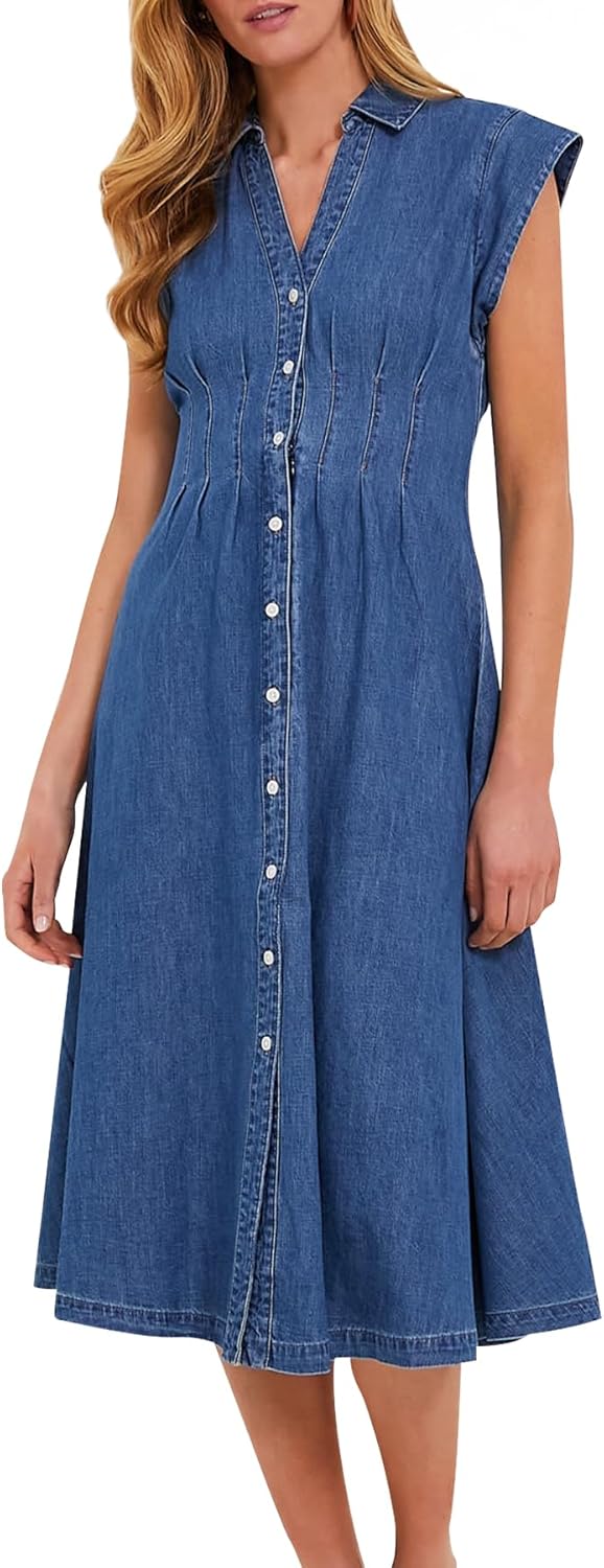 EZAPINE Women's Summer Denim Shirt Dress Lapel V Neck Cap