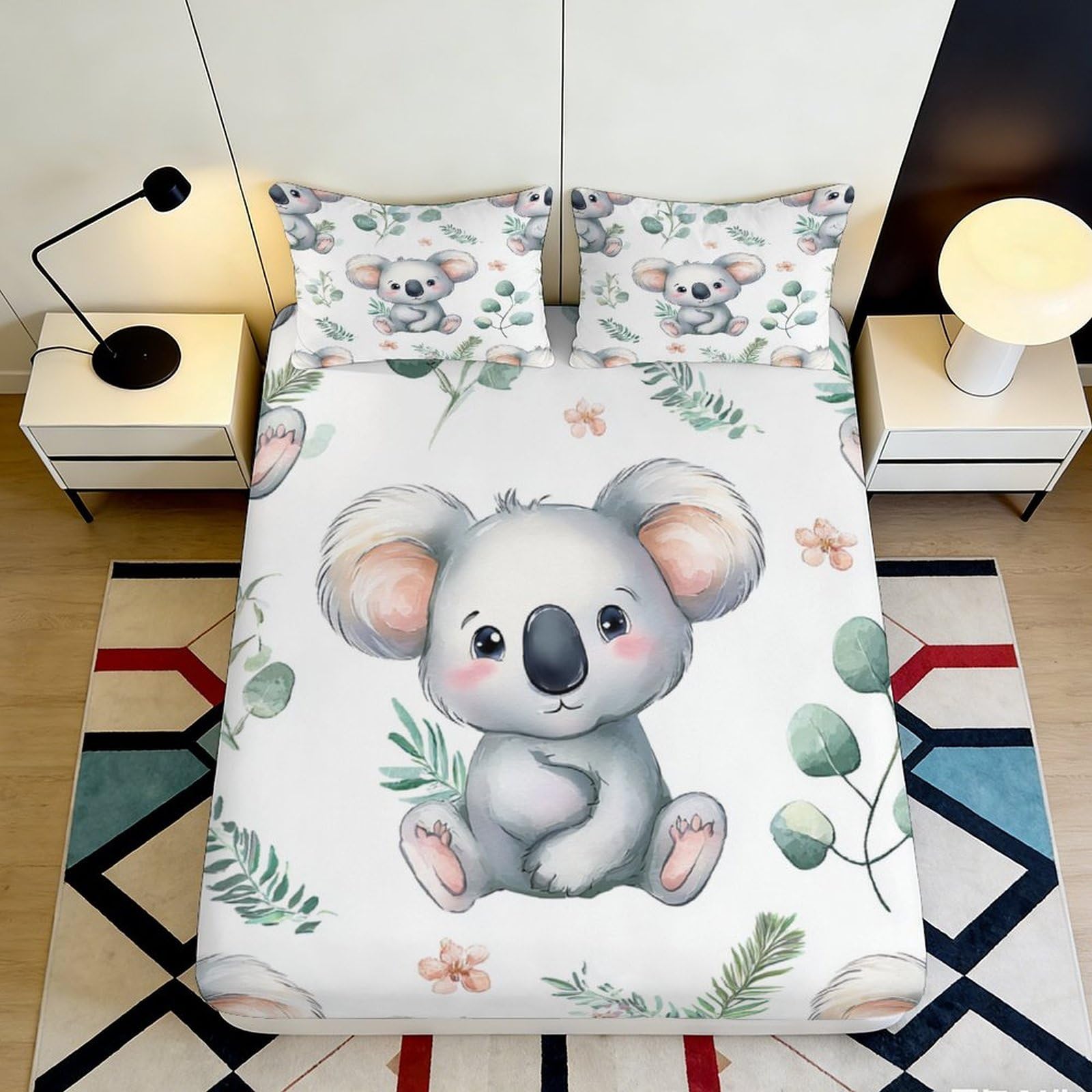 Dhbaneiok Style-3 3D Printed Cute Koala Fitted Sheet Microfiber Soft Breathable Cartoon Leaf Mattress Cover For Bedroom Guest Room Decor 90X200x25cm