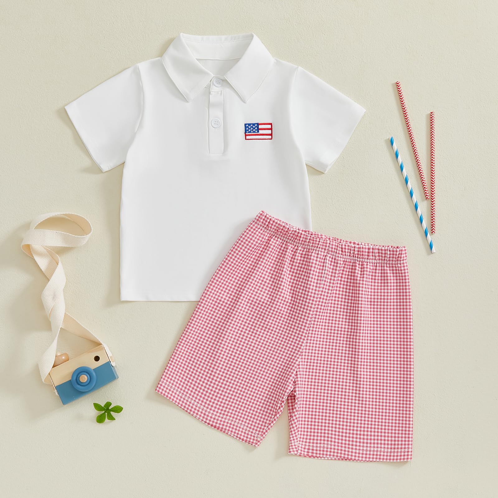 Socutebabe Baby Boy 4th of July Outfits USA Flag Short Sleeve Button Down Polo Shirt Shorts Set Toddler Fourth of July Outfit (Red, 6-12 Months)