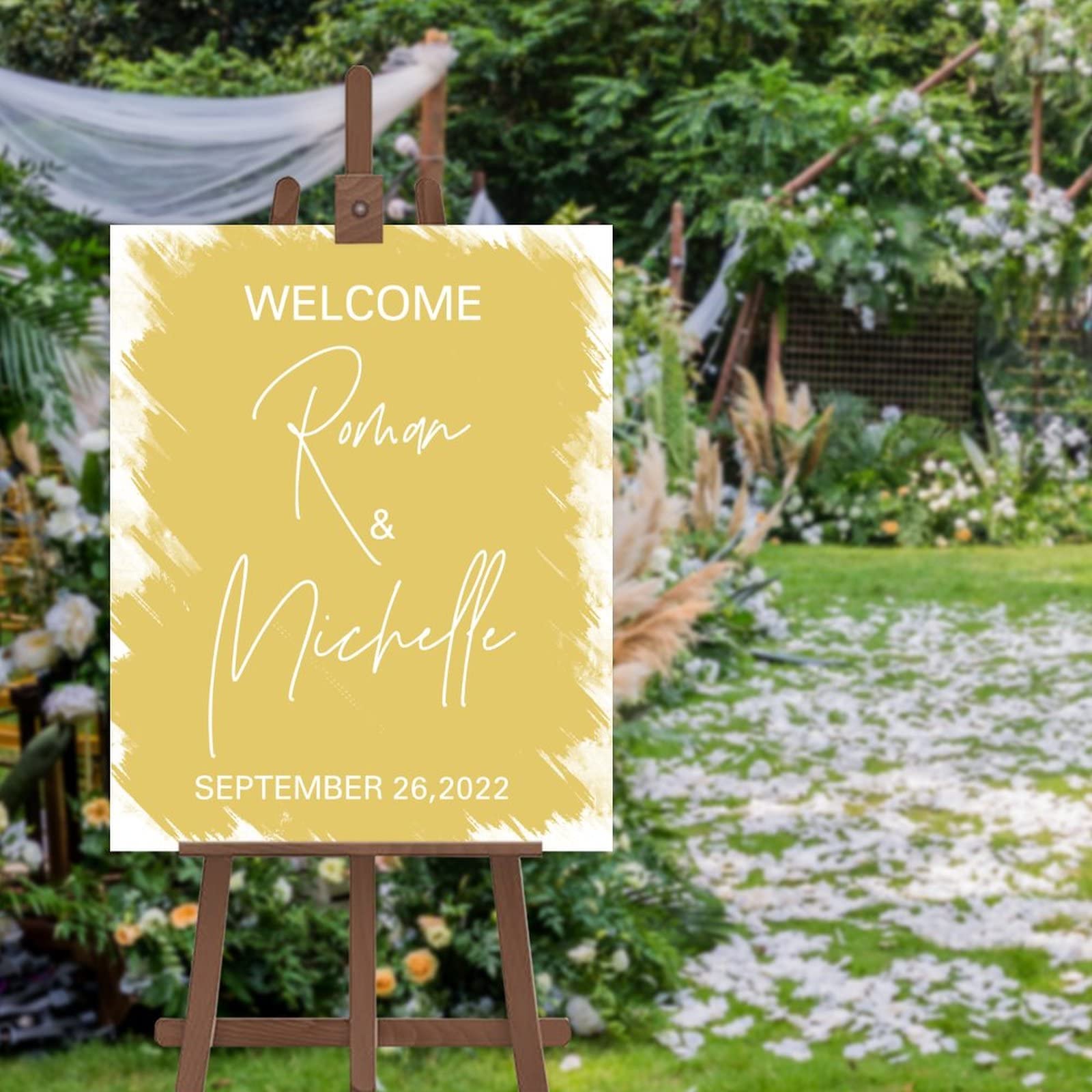 Cartel de boda personalizado para recibir invitados en la ceremonia exterior