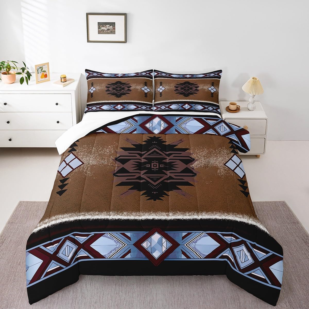 Manfei Native Tribal Comforter Set Queen Size, Navajo Abstract Geometric Quilt Set with 2 Pillowcases, Ethnic Tribal Boho Bedding Set 3pcs for Kids Boys Room Decor Lightweight Duvet Insert