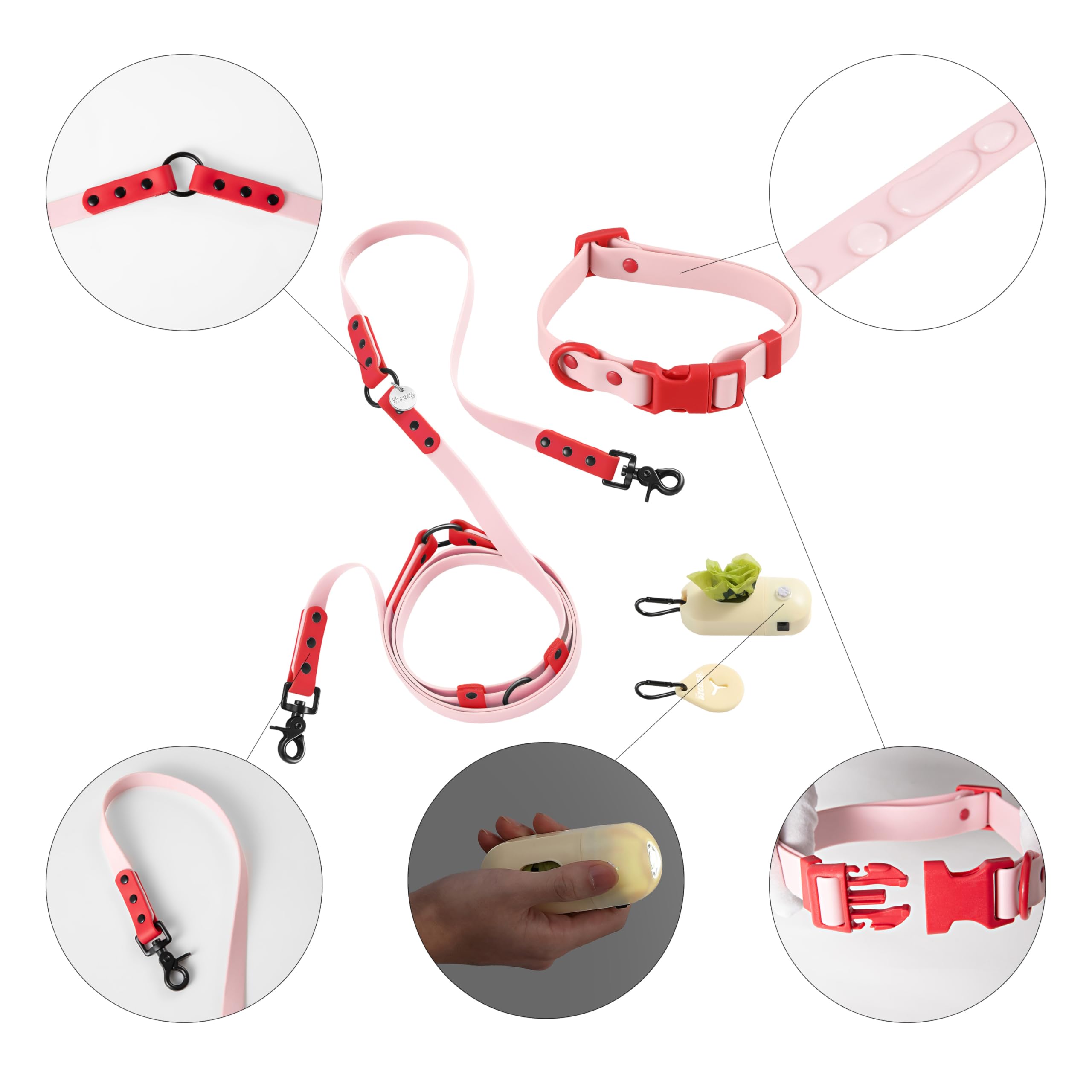 WLK1004G-5SET Luna - Correa y Collar Ajustable 6 en 1 Impermeable Manos Libres 6 en 1 con Linterna LED, dispensador de Bolsas y Soporte para Bolsas de excrementos, Paloma