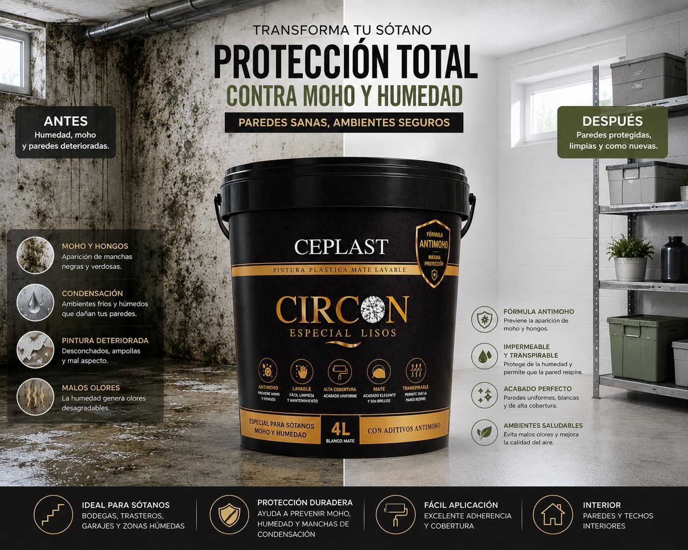 Kit Pintura Antimoho y Antihumedad Interior/Exterior Acabado Seda – Alta Cobertura, Sin Olor, Base Agua – Incluye Rodillo, Cubeta, Paletina 40mm, Cinta y Papel Kraft – Pintura Blanca Profesional