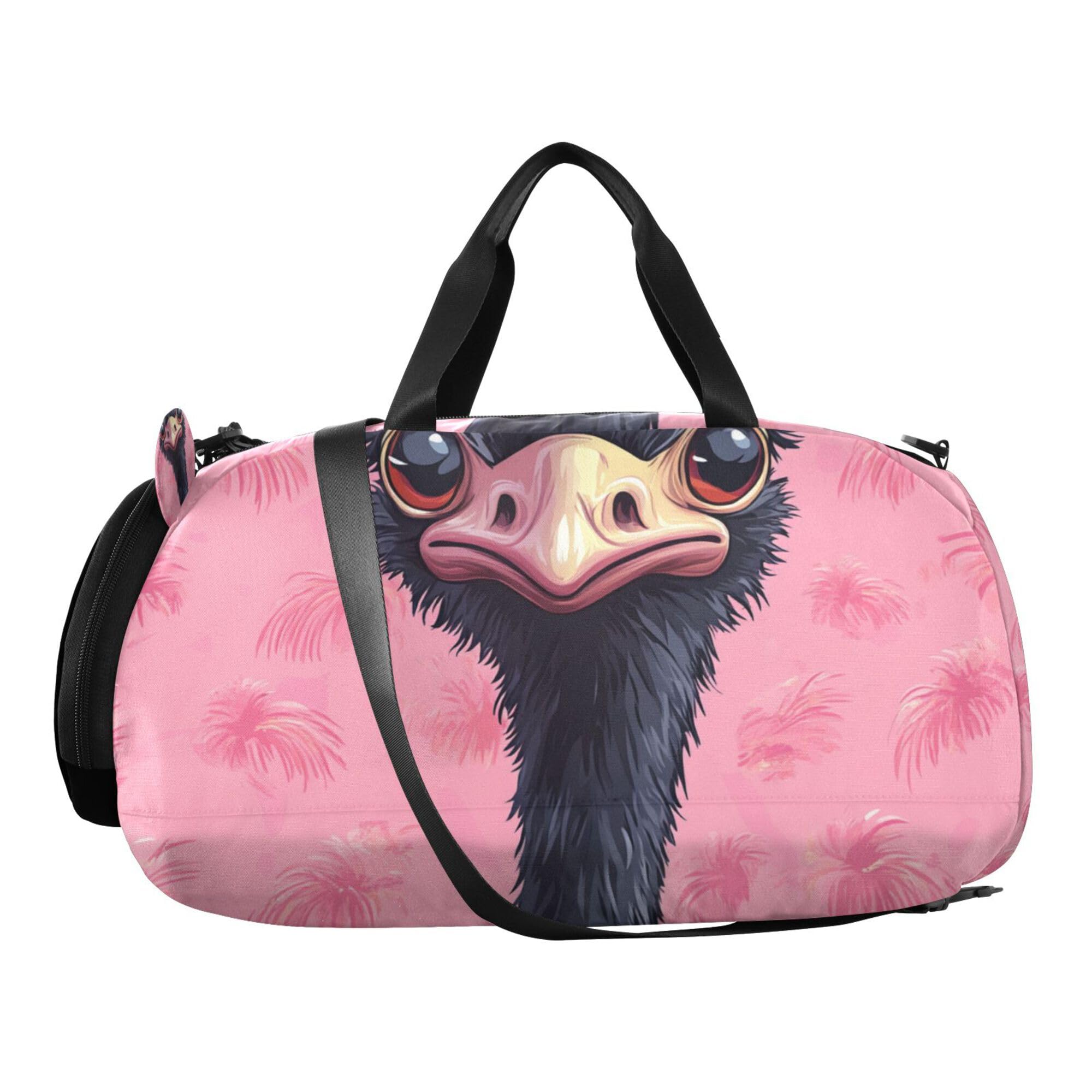 Glaphy Cute Ostrich Cartoon Duffle Bag for Toddler Boys Girls, Gym Sports Bag with Shoe Compartments, Kids Travel Overnight Weekender Shoulder Bag