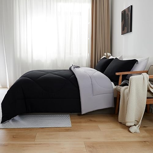 Juego de edredón alternativo de 3 piezas tamaño King, juego de edredón reversible para todas las estaciones con 2 fundas de almohada (negrogris