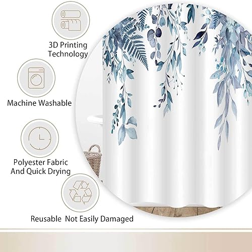 Vista 4 de Blue Eucalyptus Shower Curtain, Watercolor Leaf Eucalyptus Shower Curtain Sets Waterproof Plant Shower Curtains Leaves Cloth Bathroom Curtains 47X64