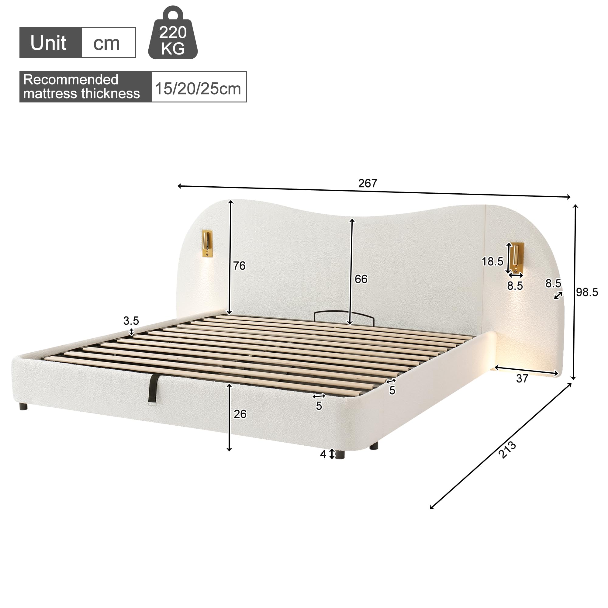 Lit capitonné hydraulique, design encastré, lit double 180 x 200 cm, blanc