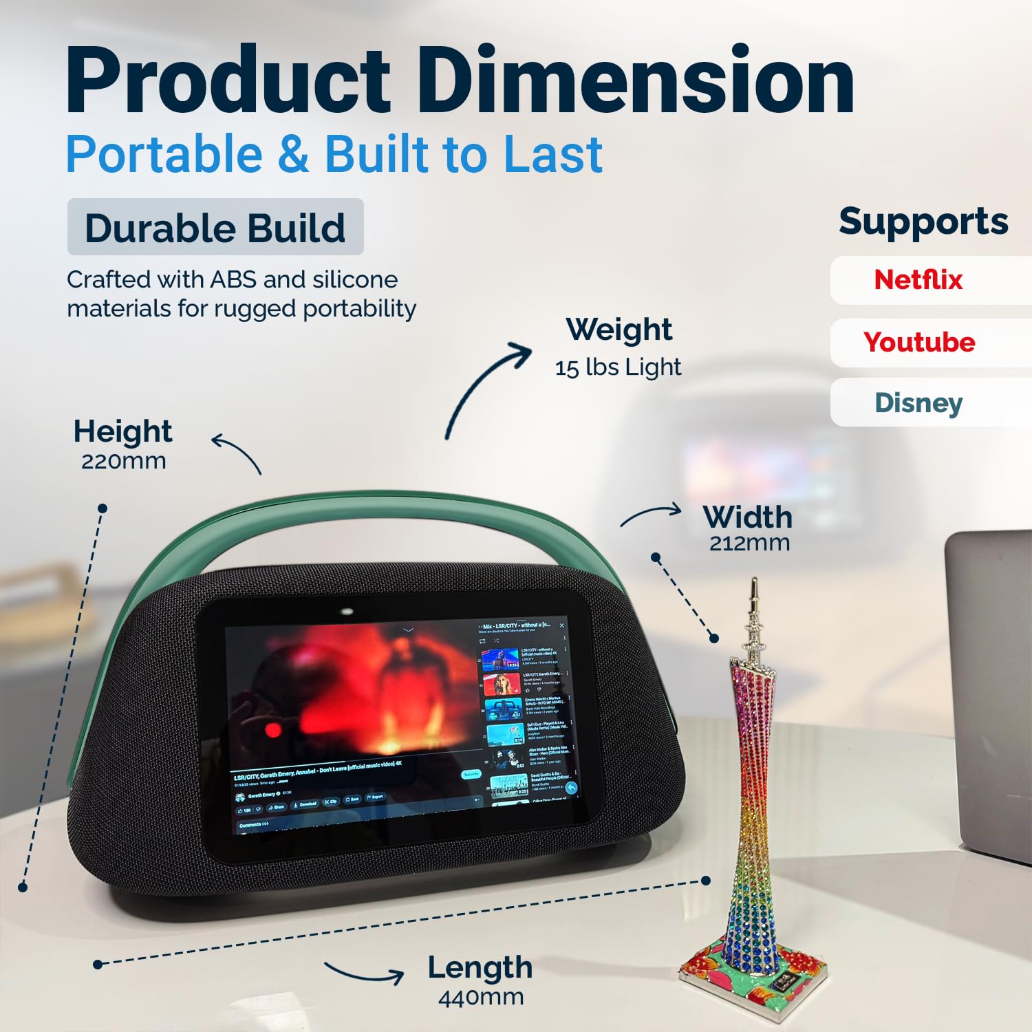 Solaris Smart Boombox Lautsprecher mit 10,1 Zoll HD Touchscreen, 80W Sound, Bluetooth 5.3, Android 13, HDMI & Gitarreneingang, Tragbarer Lautsprecher mit Mikrofon-Unterstützung, 8000mAh Akku für Innen