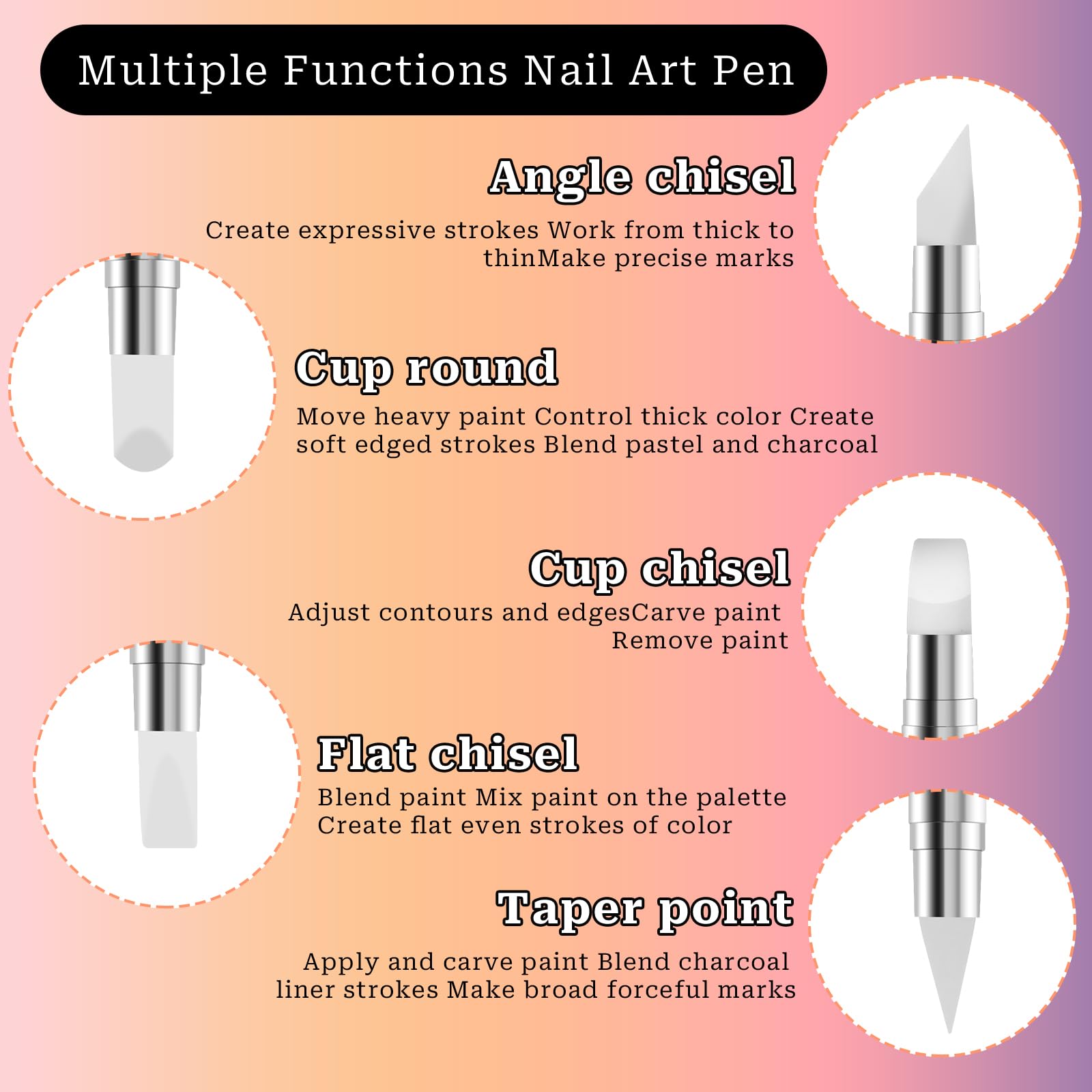 Lot De 5 Pinceaux Souples En Silicone Pour Nail Art - Manche Bois, Pointe 3mm, Neufs